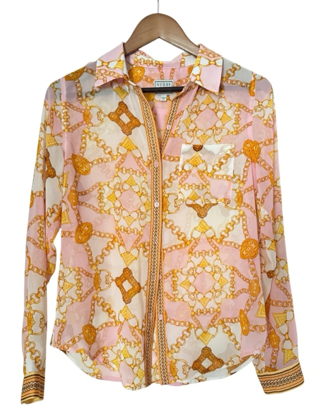 Guess women's Madyson long sleeves shirt pink and gold chain print size XS/S - Picture 2 of 9